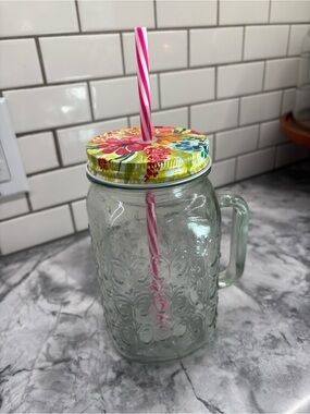 Floral Mason-Style Drinking Jar with Pink Stripe Straw